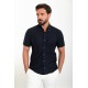 Dark Blue Color Short Sleeve And Dobby Design Casual Cotton Men's Shirt