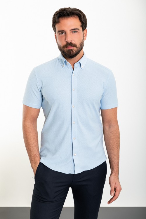 Blue Color Short Sleeve And Dobby Design Casual Cotton Men's Shirt