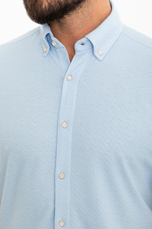 Blue Color Short Sleeve And Dobby Design Casual Cotton Men's Shirt