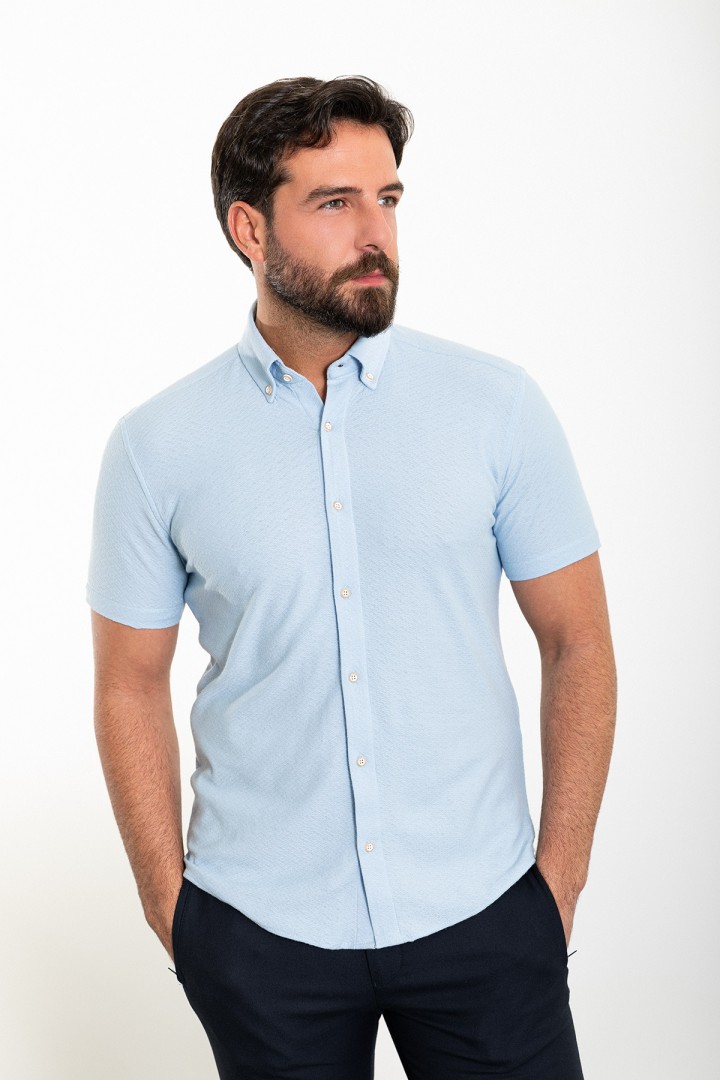 Blue Color Short Sleeve And Dobby Design Casual Cotton Men's Shirt