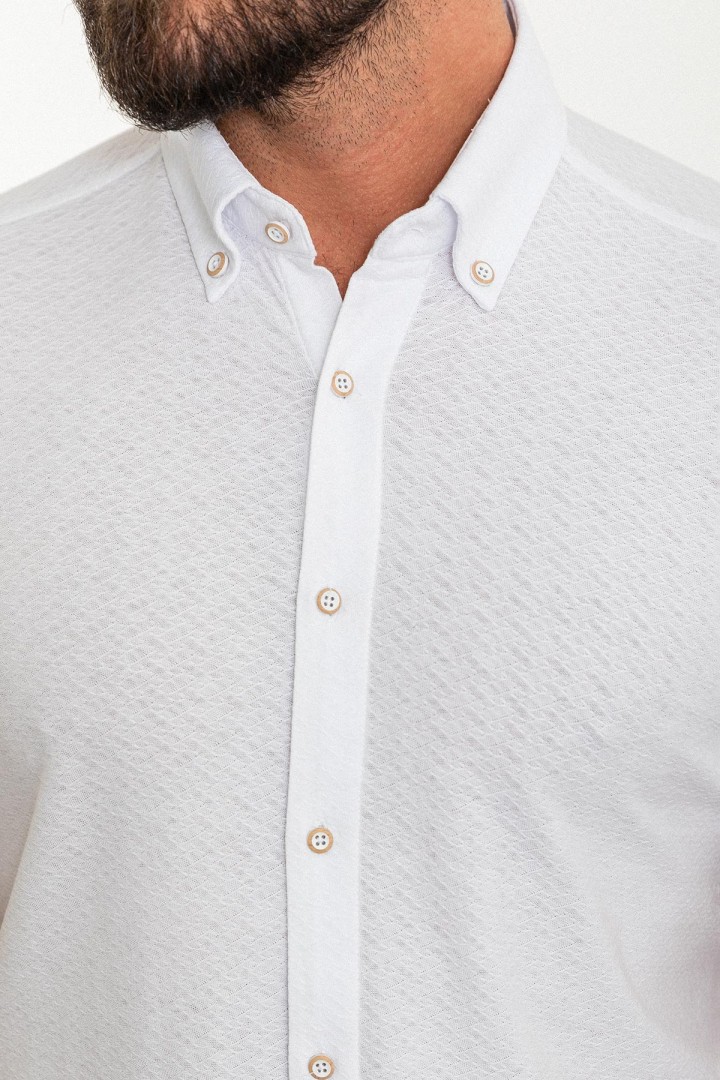 White Color Short Sleeve And Dobby Design Casual Cotton Men's Shirt