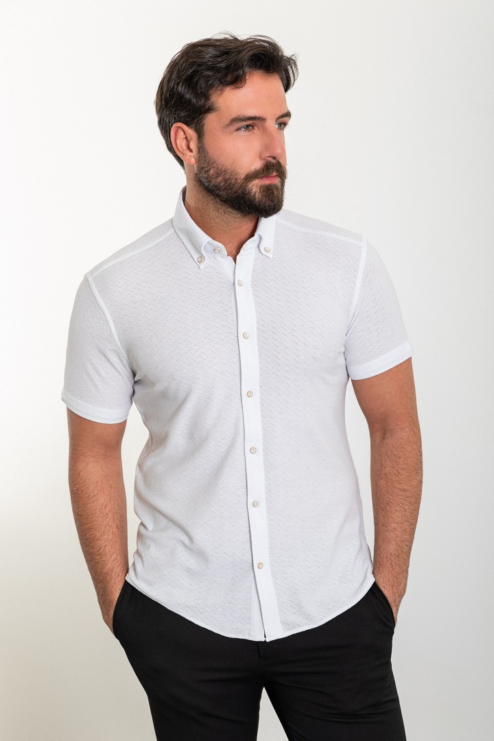 White Color Short Sleeve And Dobby Design Casual Cotton Men's Shirt