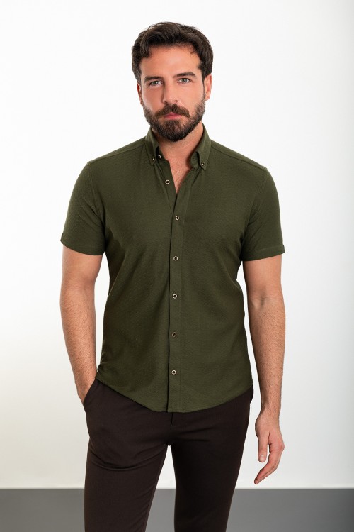 Khaki Color Short Sleeve And Dobby Design Casual Cotton Men's Shirt
