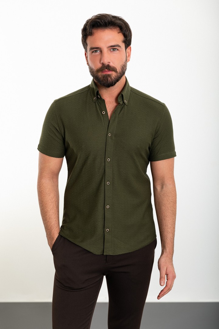 Khaki Color Short Sleeve And Dobby Design Casual Cotton Men's Shirt