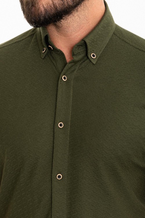 Khaki Color Short Sleeve And Dobby Design Casual Cotton Men's Shirt