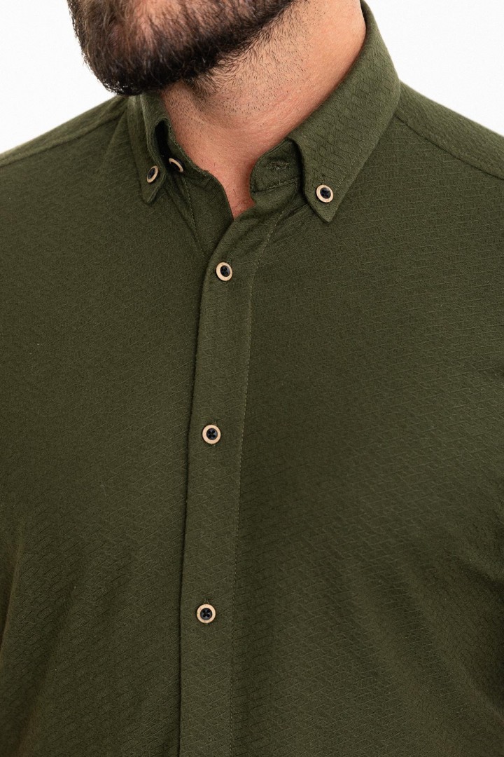 Khaki Color Short Sleeve And Dobby Design Casual Cotton Men's Shirt