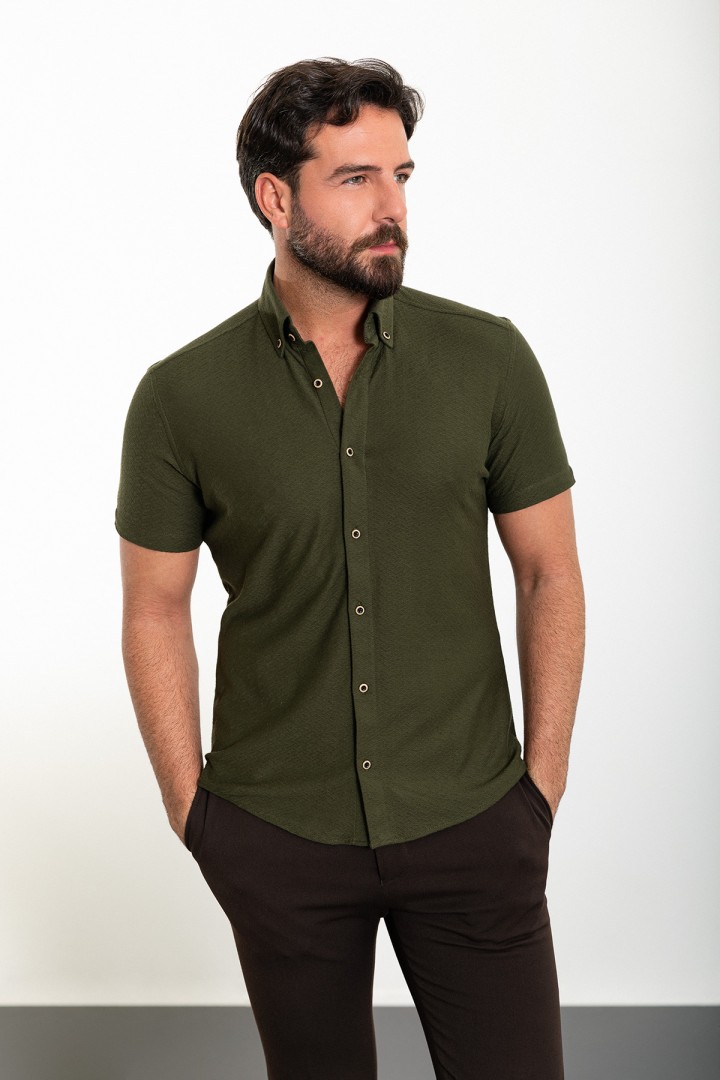 Khaki Color Short Sleeve And Dobby Design Casual Cotton Men's Shirt