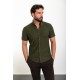 Khaki Color Short Sleeve And Dobby Design Casual Cotton Men's Shirt