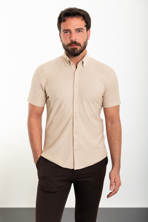 Beige Color Short Sleeve And Dobby Design Casual Cotton Men's Shirt