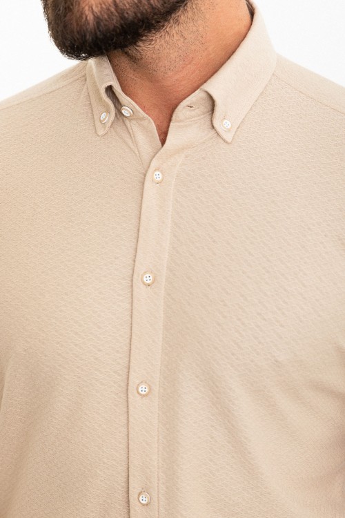 Beige Color Short Sleeve And Dobby Design Casual Cotton Men's Shirt