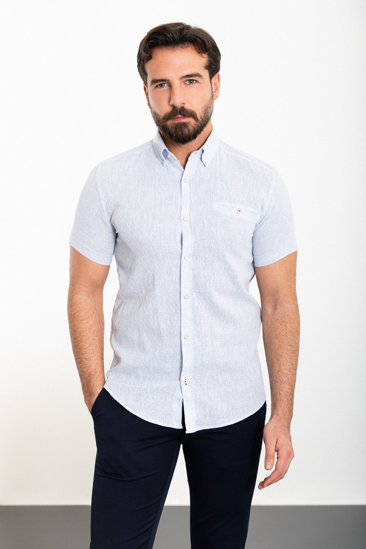 Blue Color Short Sleeve And Flap Pocket Design Linen Men's Shirt