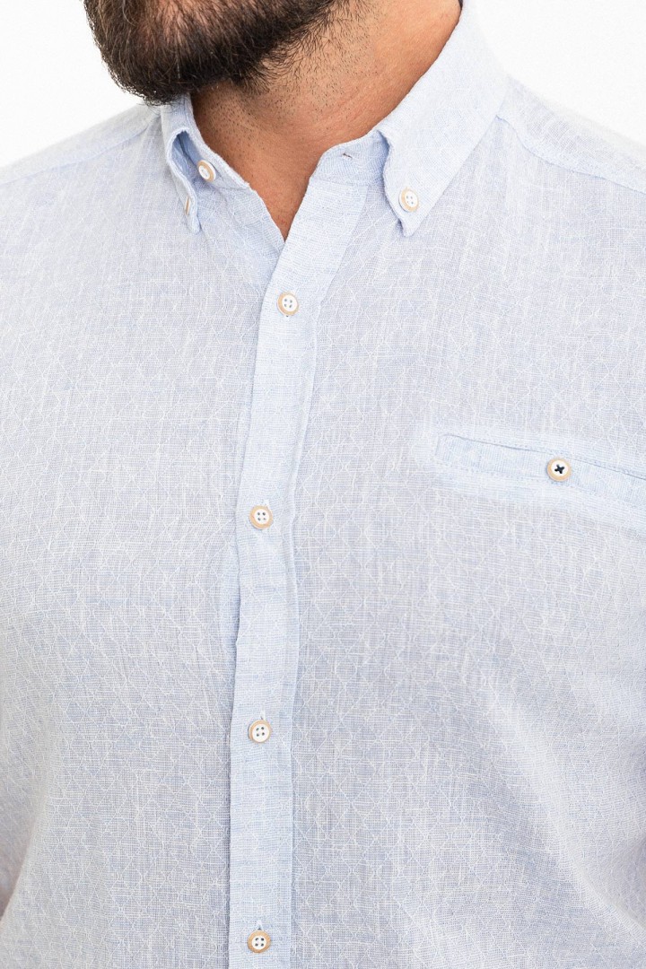 Blue Color Short Sleeve And Flap Pocket Design Linen Men's Shirt