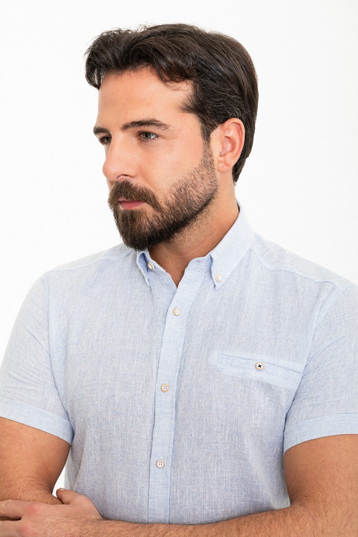 Blue Color Short Sleeve And Flap Pocket Design Linen Men's Shirt