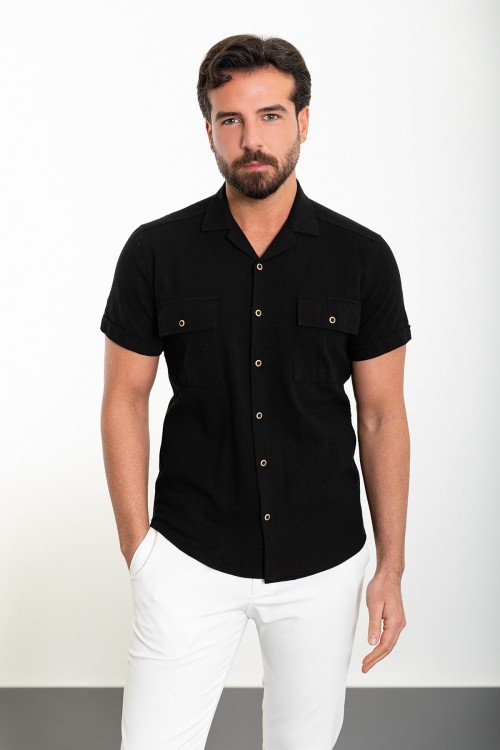Black Color Flap Pocket Design Casual Short Sleeved Men's Shirt