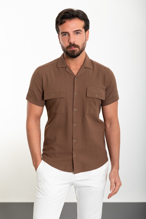 Brown Color Flap Pocket Design Casual Short Sleeved Men's Shirt