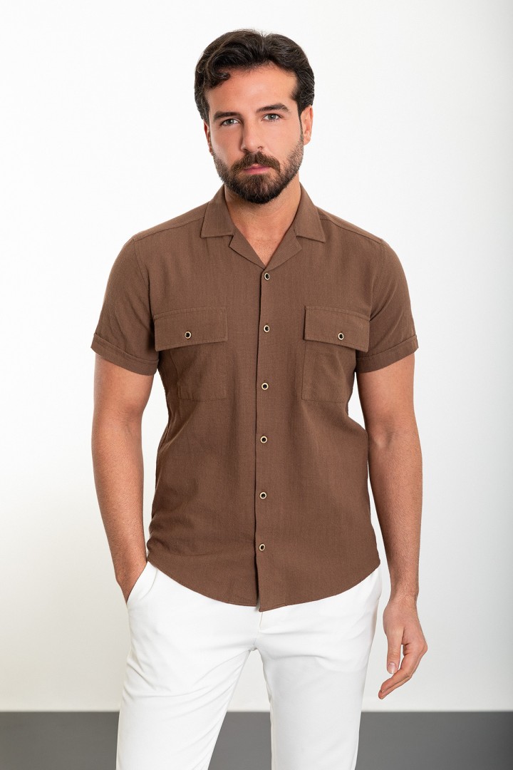 Brown Color Flap Pocket Design Casual Short Sleeved Men's Shirt