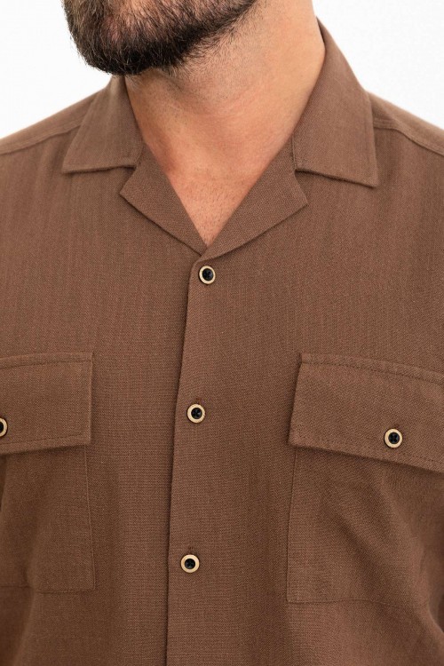 Brown Color Flap Pocket Design Casual Short Sleeved Men's Shirt