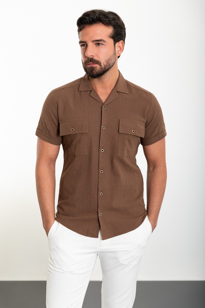 Brown Color Flap Pocket Design Casual Short Sleeved Men's Shirt