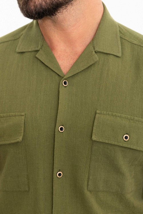 Khaki Color Flap Pocket Design Casual Short Sleeved Men's Shirt