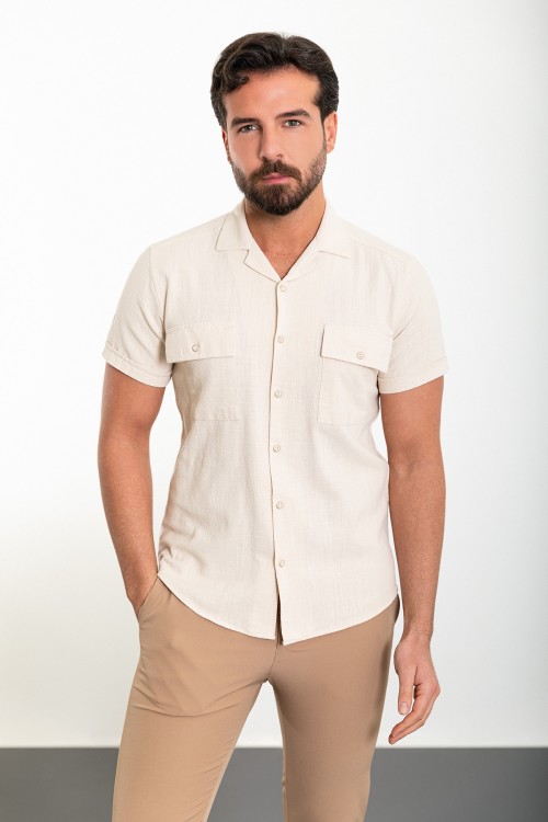 Beige Color Flap Pocket Design Casual Short Sleeved Men's Shirt