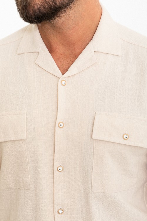 Beige Color Flap Pocket Design Casual Short Sleeved Men's Shirt