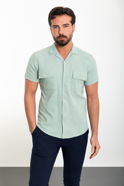 Unripe Almond Color Flap Pocket Design Casual Short Sleeved Men's Shirt