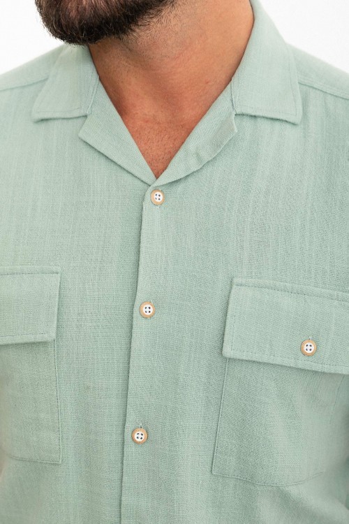 Unripe Almond Color Flap Pocket Design Casual Short Sleeved Men's Shirt