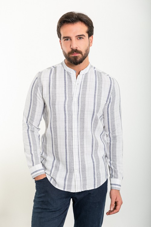 White And Dark Blue Color Striped And Mandarin Collar Design Casual Cotton Men's Shirt
