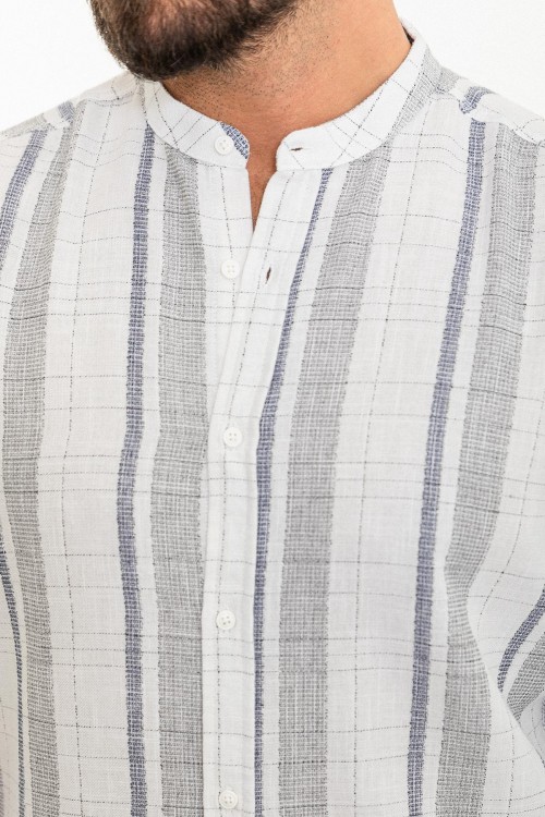 White And Dark Blue Color Striped And Mandarin Collar Design Casual Cotton Men's Shirt