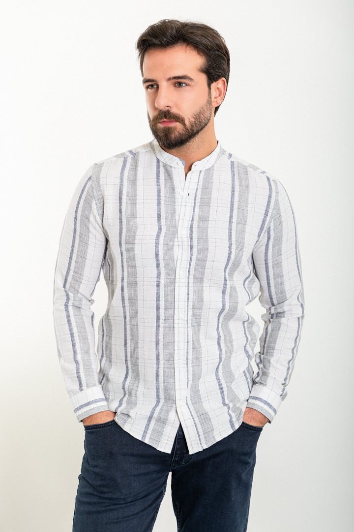 White And Dark Blue Color Striped And Mandarin Collar Design Casual Cotton Men's Shirt