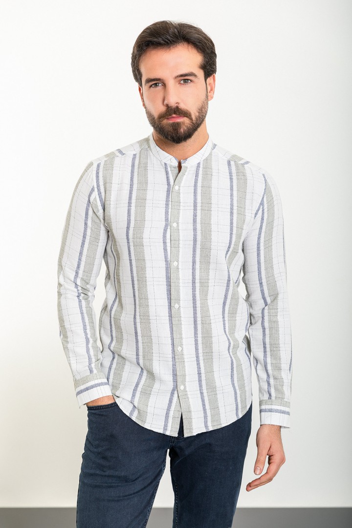 White And Khaki Color Striped And Mandarin Collar Design Casual Cotton Men's Shirt
