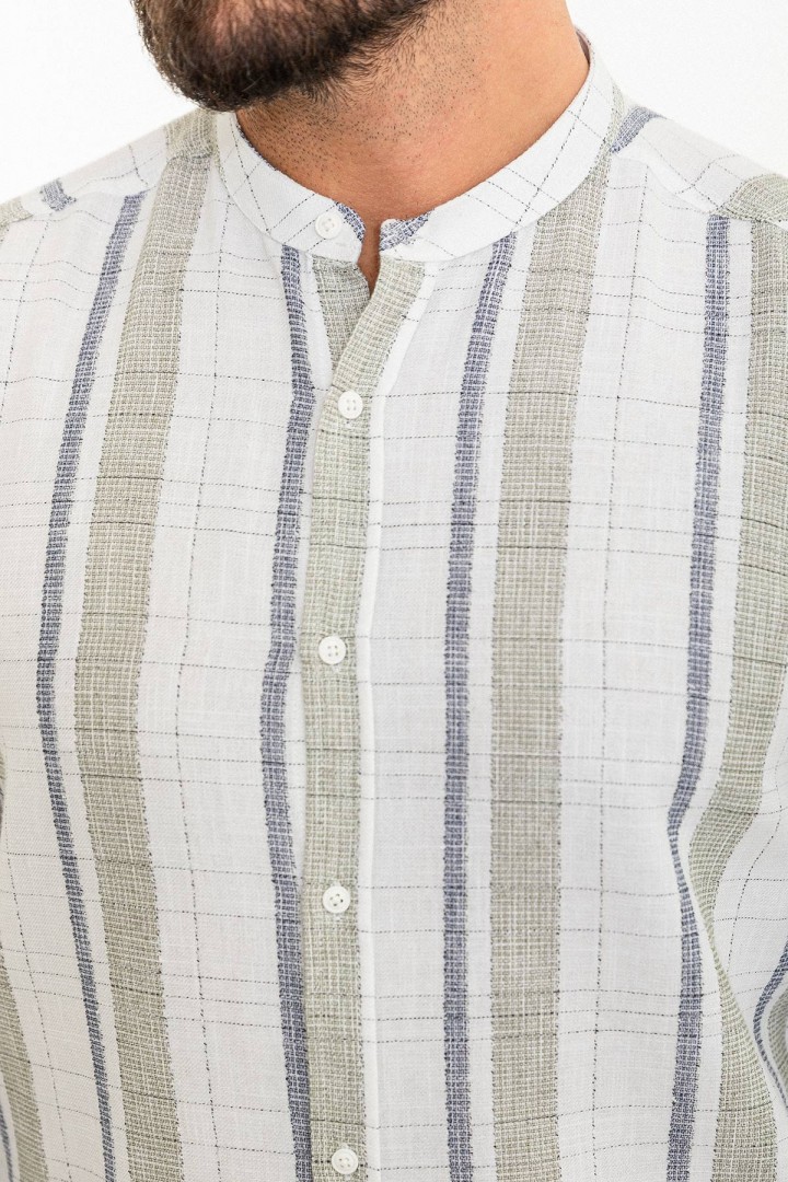 White And Khaki Color Striped And Mandarin Collar Design Casual Cotton Men's Shirt