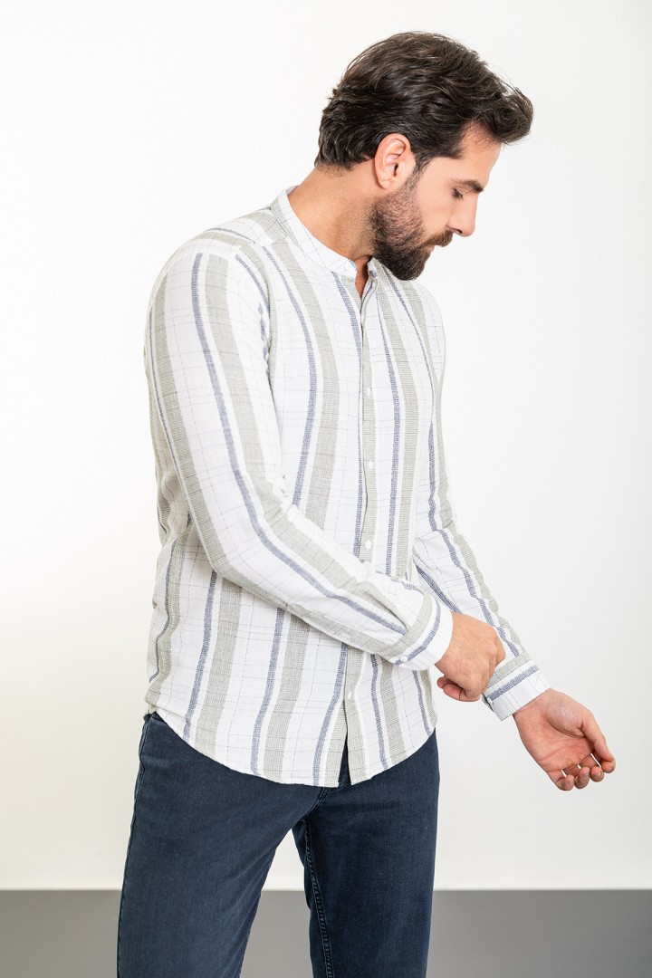 White And Khaki Color Striped And Mandarin Collar Design Casual Cotton Men's Shirt