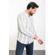 White And Khaki Color Striped And Mandarin Collar Design Casual Cotton Men's Shirt