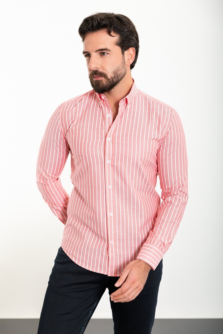 Red And White Color Striped Design Casual Cotton Men's Shirt