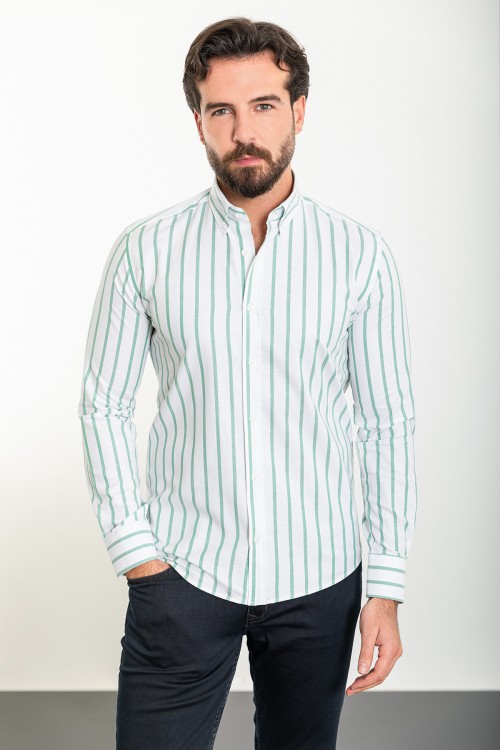 Green And White Color Striped Design Casual Cotton Men's Shirt