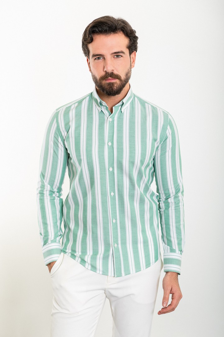 Green And White Color Striped Design Casual Cotton Men's Shirt