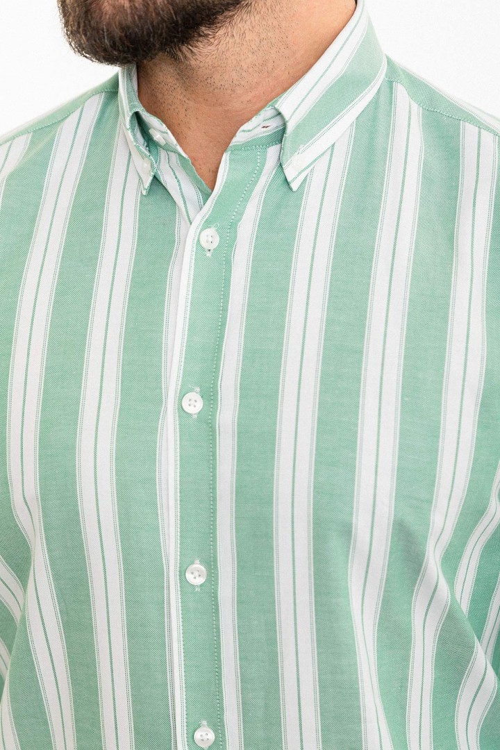 Green And White Color Striped Design Casual Cotton Men's Shirt