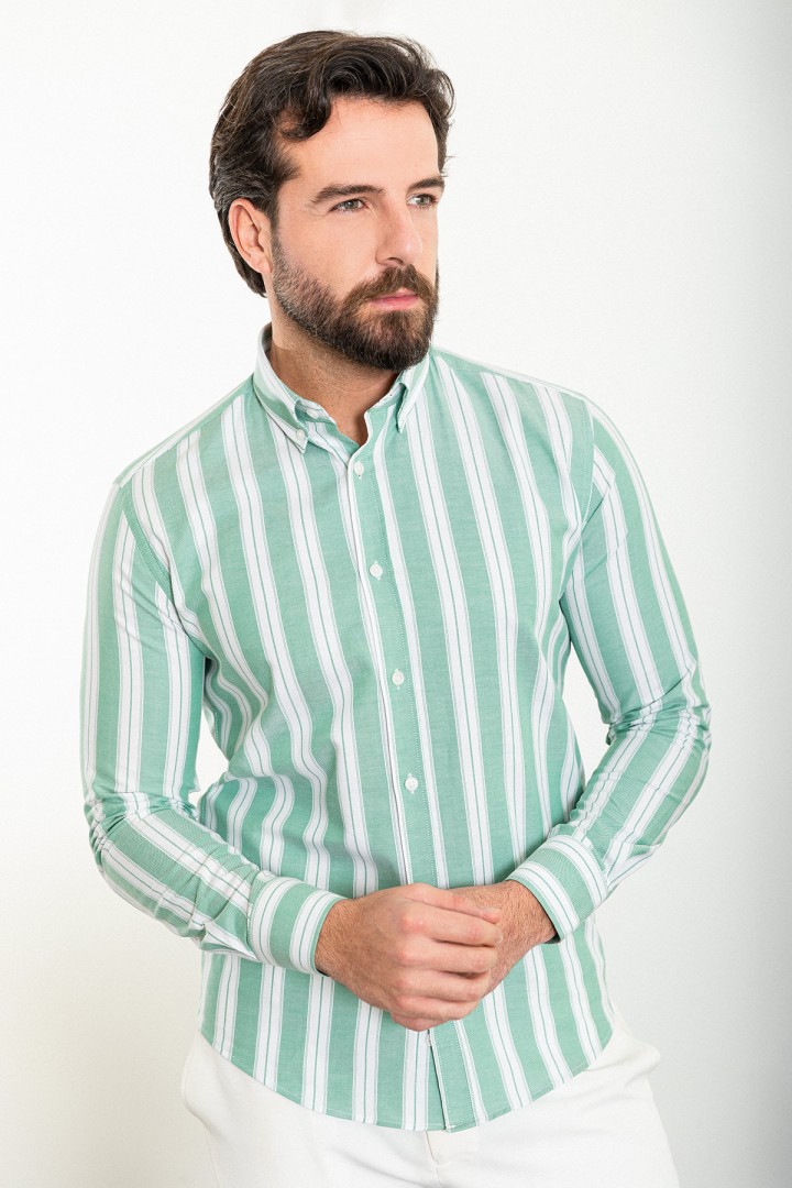Green And White Color Striped Design Casual Cotton Men's Shirt