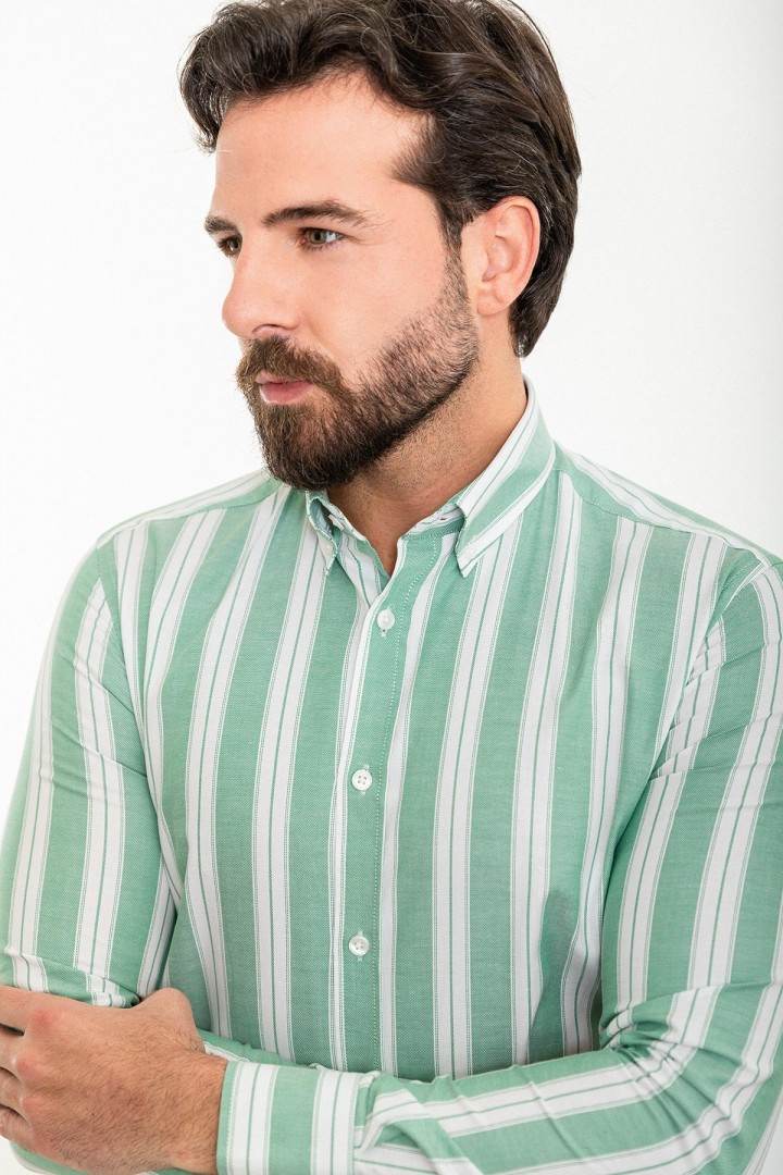 Green And White Color Striped Design Casual Cotton Men's Shirt