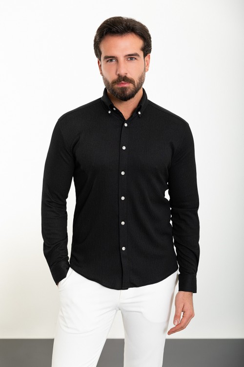 Black Color Lycra And Cotton Fabric Design Casual Men's Shirt