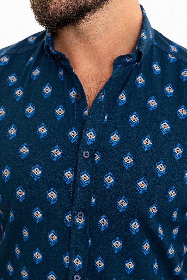 Dark Blue Color Figured Design Casual Short Sleeved Men's Shirt