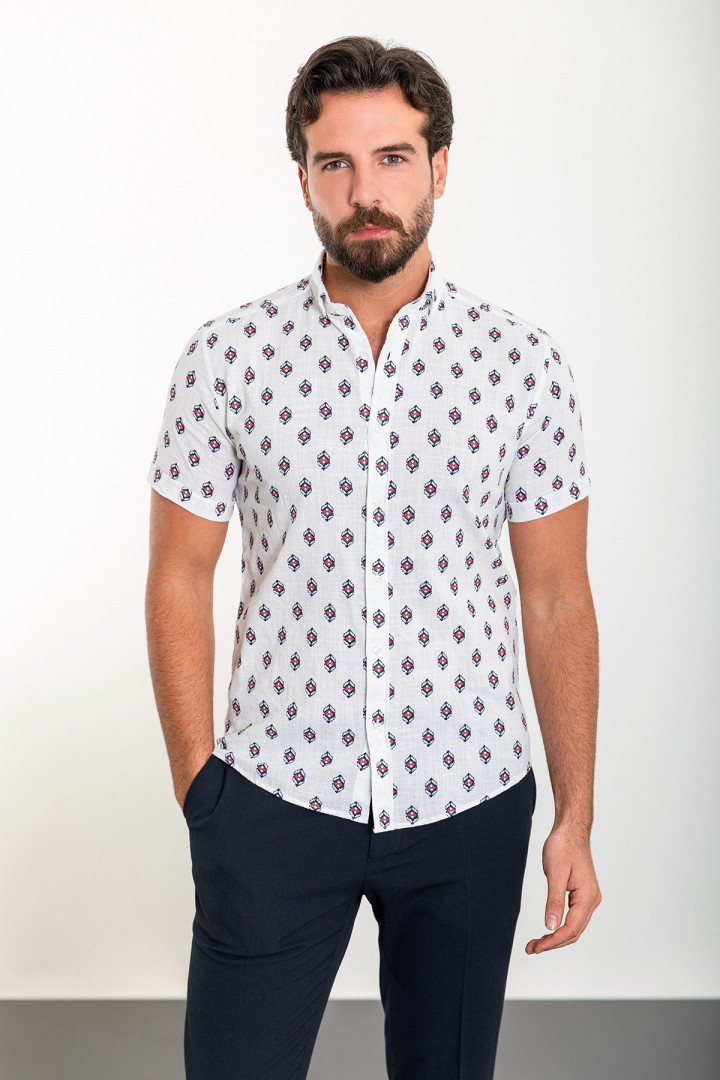 White And Red Color Figured Design Casual Short Sleeved Men's Shirt
