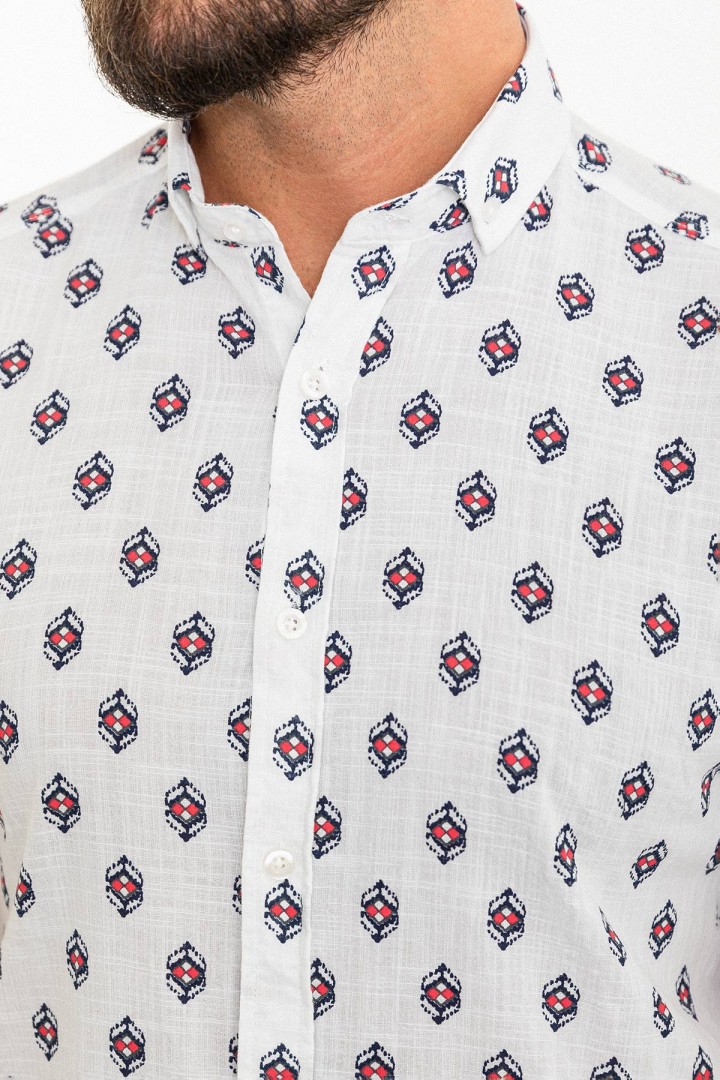 White And Red Color Figured Design Casual Short Sleeved Men's Shirt
