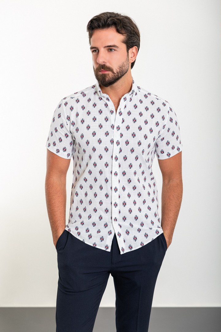 White And Red Color Figured Design Casual Short Sleeved Men's Shirt