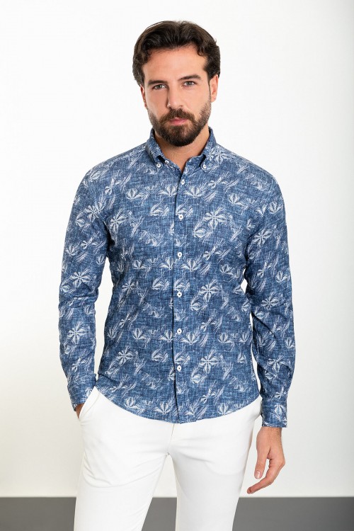 Dark Blue Color Flower Figured Design Casual Cotton Men's Shirt