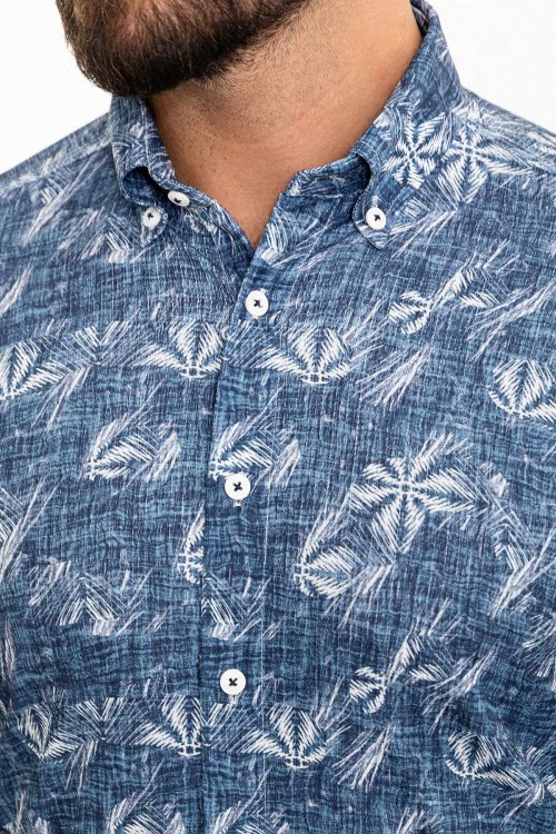 Dark Blue Color Flower Figured Design Casual Cotton Men's Shirt