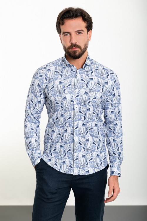 Dark Blue Color Figured Design Casual Cotton Men's Shirt