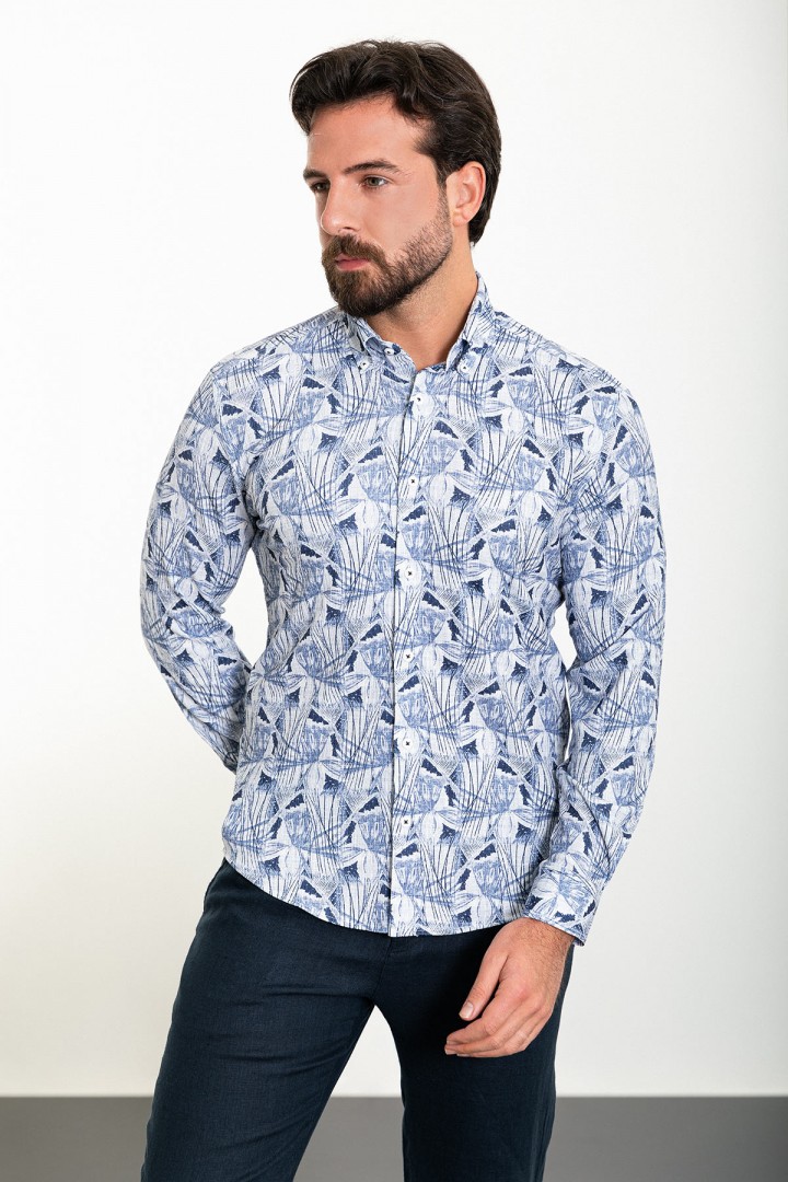 Dark Blue Color Figured Design Casual Cotton Men's Shirt