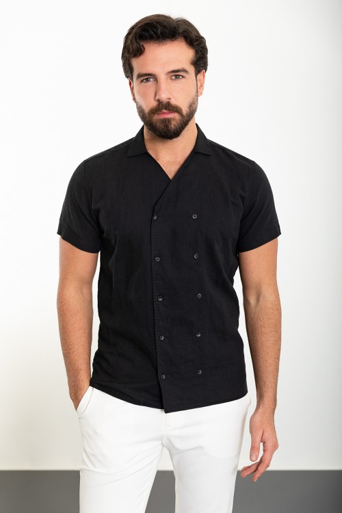Black Color Double Breasted And Shirt Collar Design Casual Men's Shirt